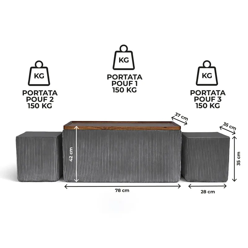 Set 3 Pouf Contenitore Quadrati con Tavolino Rettangolare Il Gruppone