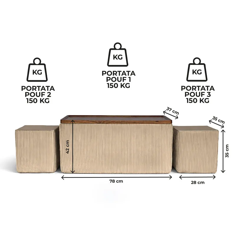 Set 3 Pouf Contenitore Quadrati con Tavolino Rettangolare Il Gruppone