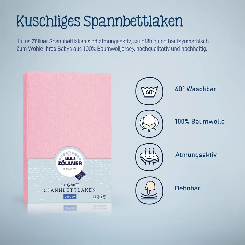 Jersey Spannbettlaken für Babymatratzen 60x120 bis 70x140cm, Rosa