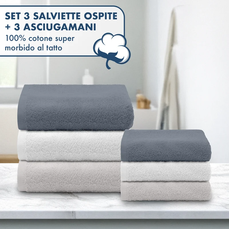 Set Asciugamani Bagno 6 Pezzi in Spugna di Cotone Morbidi Bicolore Il Gruppone