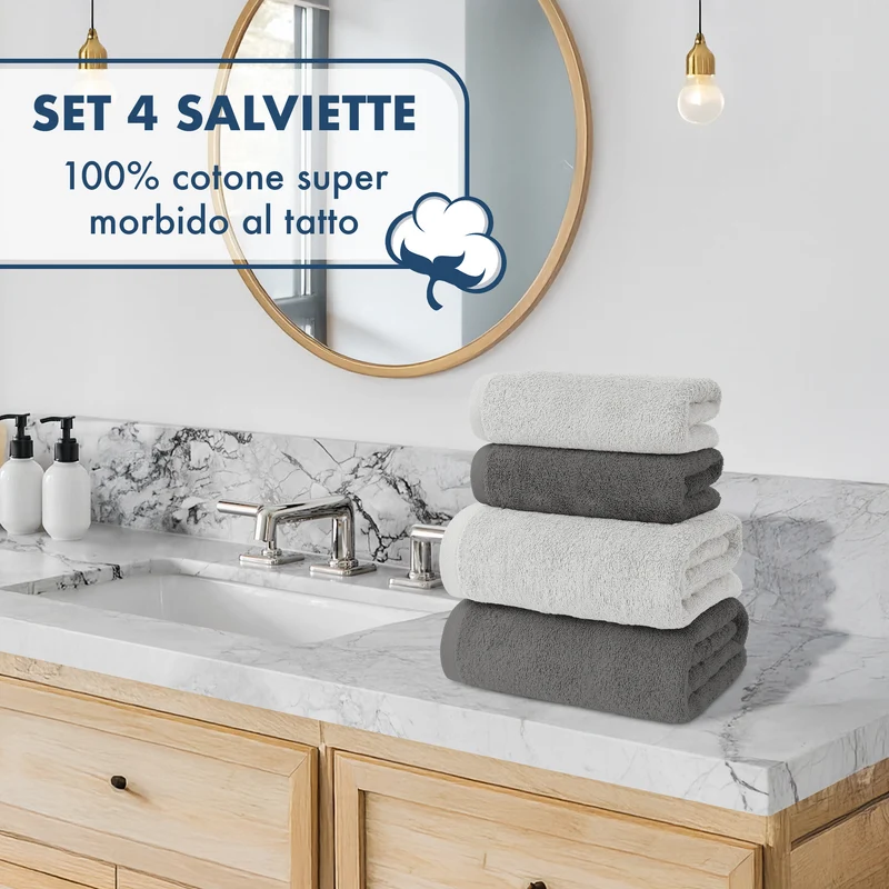 Set Asciugamani Bagno 4 Pezzi in Spugna di Cotone 500 g Certificati Oeko-Tex Bicolore Il Gruppone