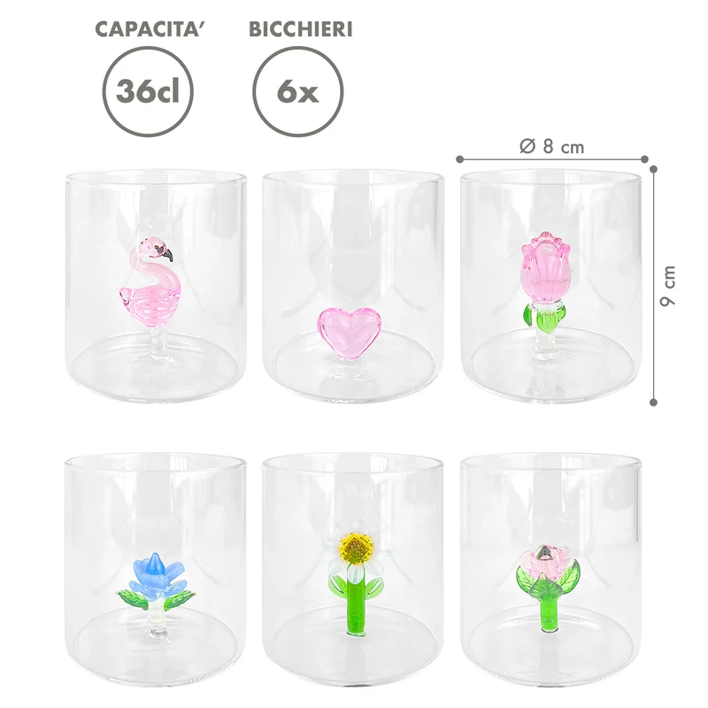 Set 6 Bicchieri 3D in Vetro Borosilicato 36 cl con Figura Interna Il Gruppone