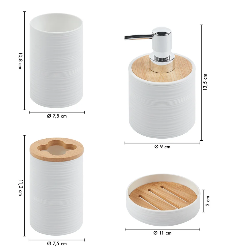 Set Accessori Bagno 6 Pezzi Design Moderno in Plastica e Bambù con Cestino e Dispenser Il Gruppone