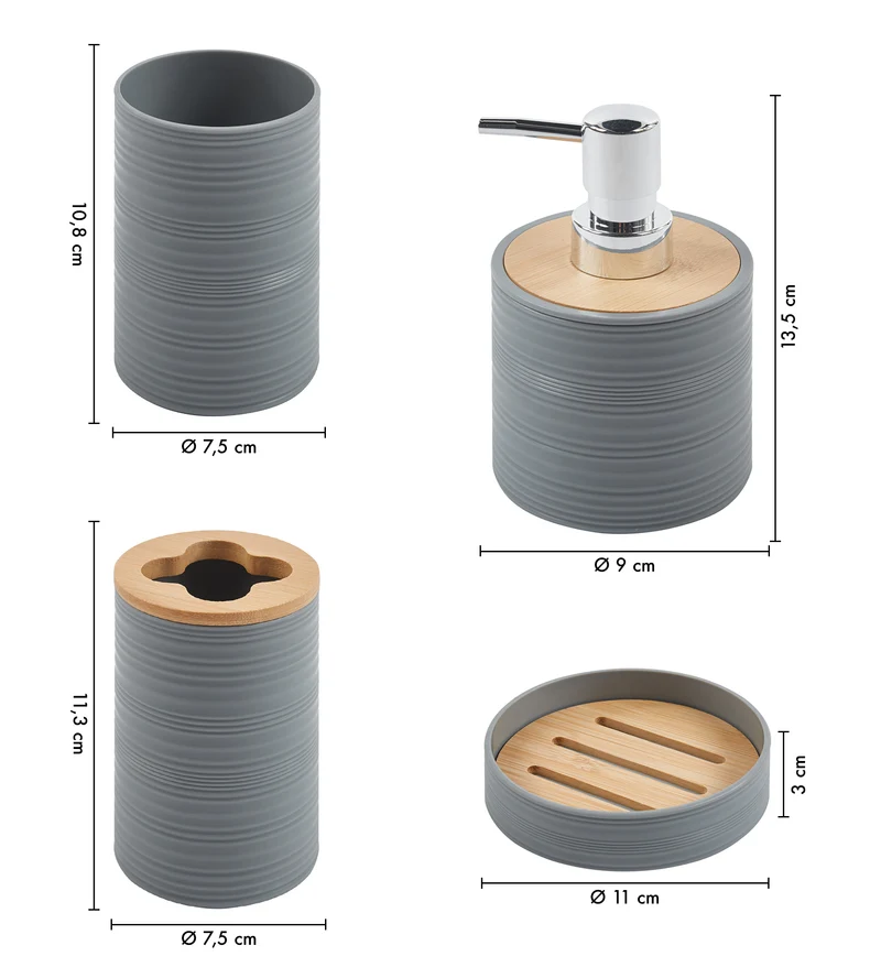 Set Accessori Bagno 6 Pezzi Design Moderno in Plastica e Bambù con Cestino e Dispenser Il Gruppone