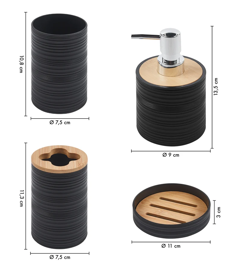 Set Accessori Bagno 6 Pezzi Design Moderno in Plastica e Bambù con Cestino e Dispenser Il Gruppone