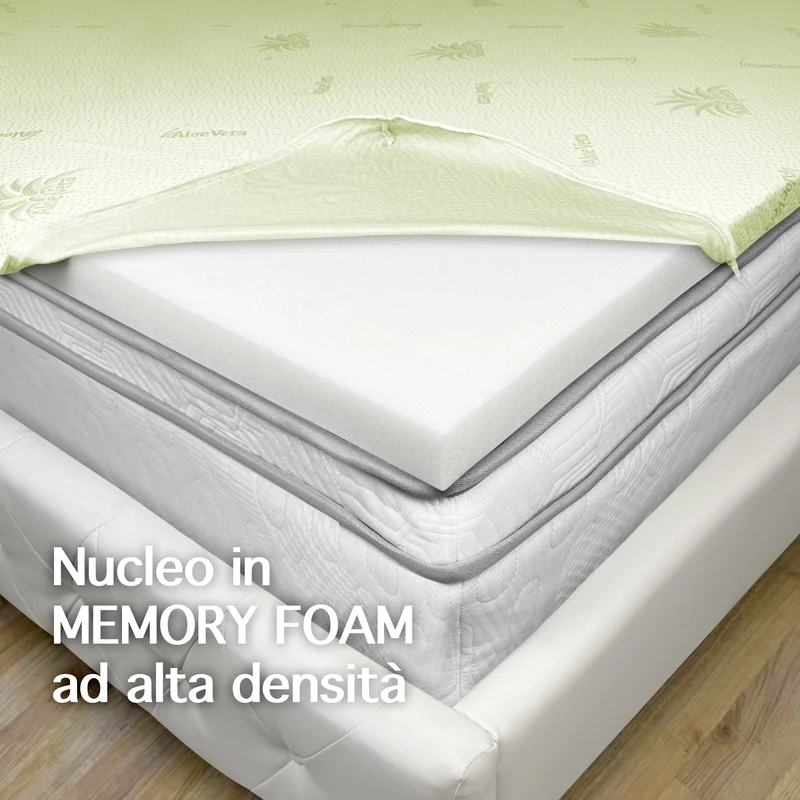 Topper Memory Aloe Vera ad Alta Densità Sfoderabile e Lavabile Made in Italy