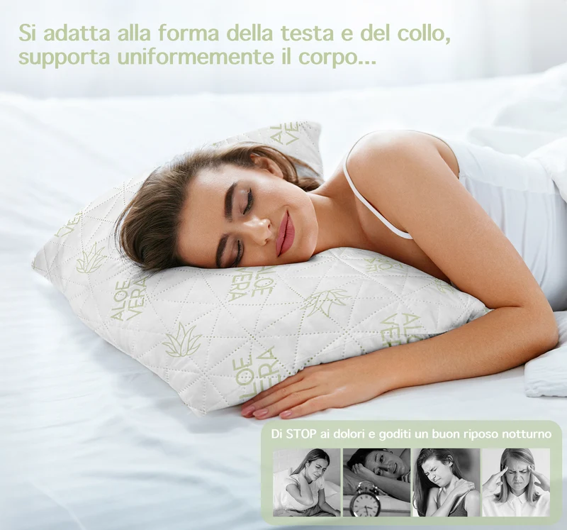 Coppia Guanciali Aloe Vera Fiocco Memory 50x80 Cm Cuscini Saponetta Anatomici Lavabili In Lavatrice Cuscino Letto Traspirante Anallergico A Memoria Contro Dolori Collo Cervicale