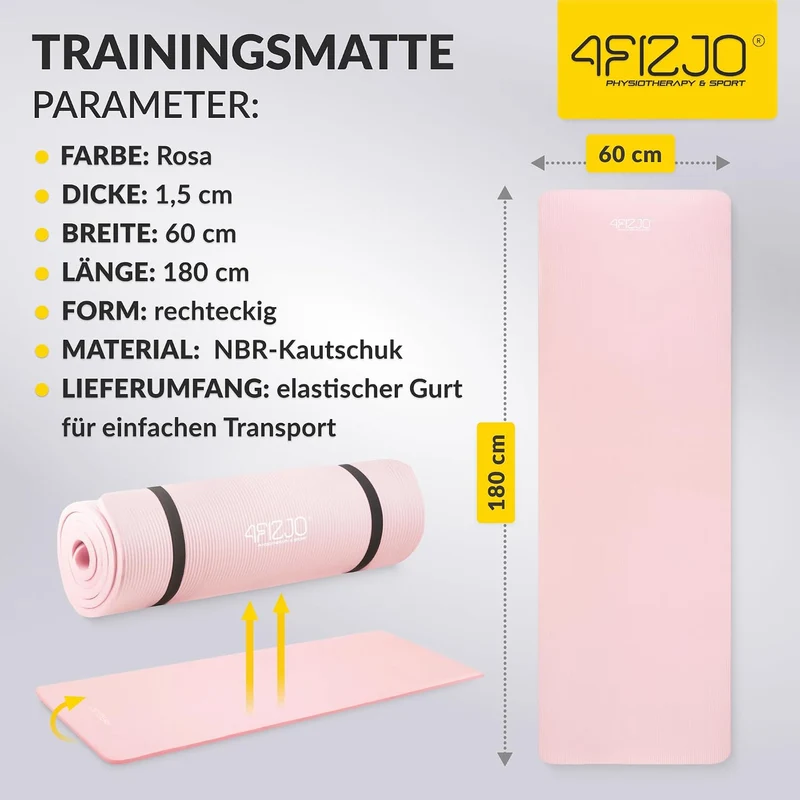 Fitnessmatte mit Tragegurt, Abm. 180x60 cm, NBR-Schaumstoff, Rutschfest, Komfort, In & Outdor, Pilat