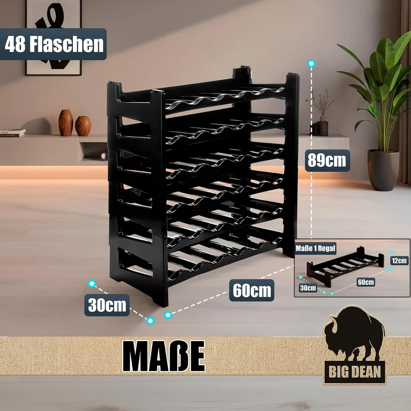 BigDean Flaschenregal stapelbar für 48 Flaschen Weinregal aus Kunststoff Schwarz Getränkeregal Flasc