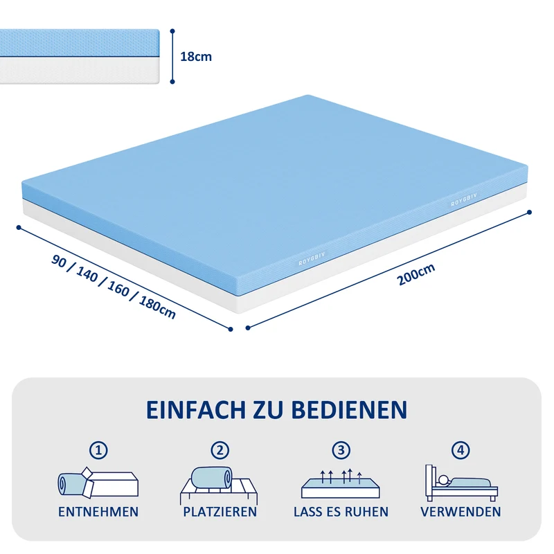 Komfortschaummatratze 18 cm, wendbarer Memory-Schaum, kühlender Bezug | Härte H3/H4 7-Zonen-Unterstützung