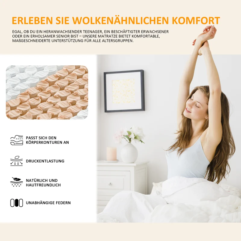 22 cm Taschenfederkernmatratze H4 Fest – 7-Zonen-Unterstützung, geräuscharme Federn, atmungsaktiv | ROYGBIV