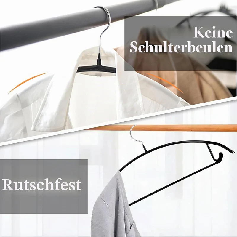 20 Stück Kleiderbügel Schwarz, 43 cm Kleiderbügel aus Metall,rutschfeste PVC Gummibeschichtung ohne
