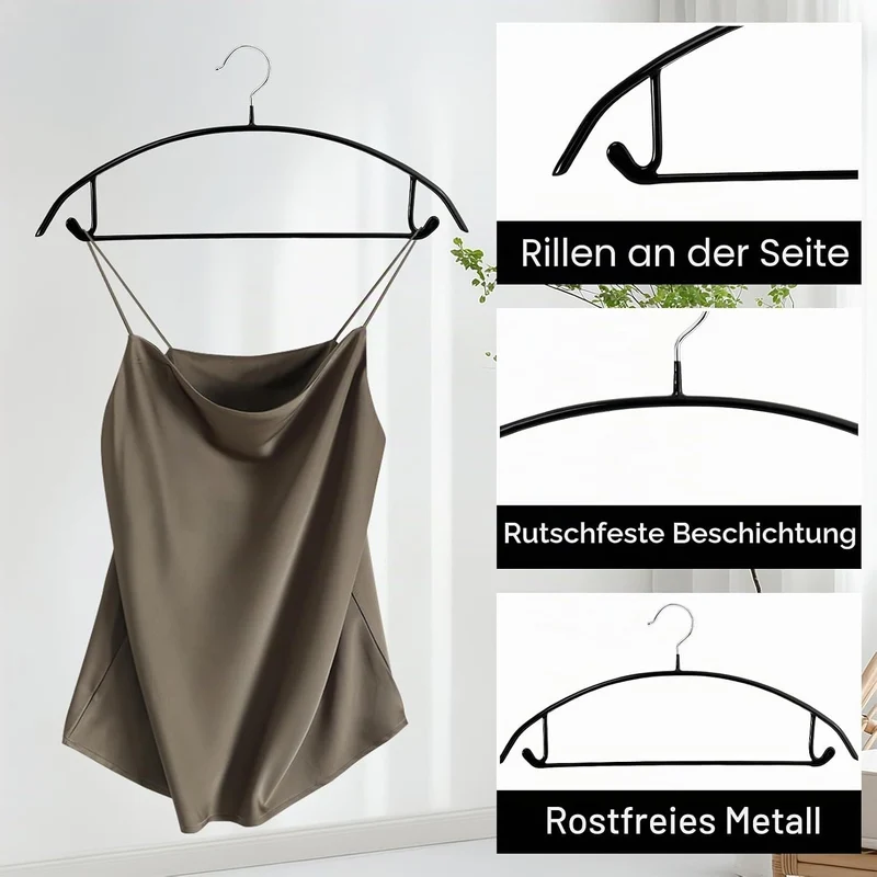 20 Stück Kleiderbügel Schwarz, 43 cm Kleiderbügel aus Metall,rutschfeste PVC Gummibeschichtung ohne