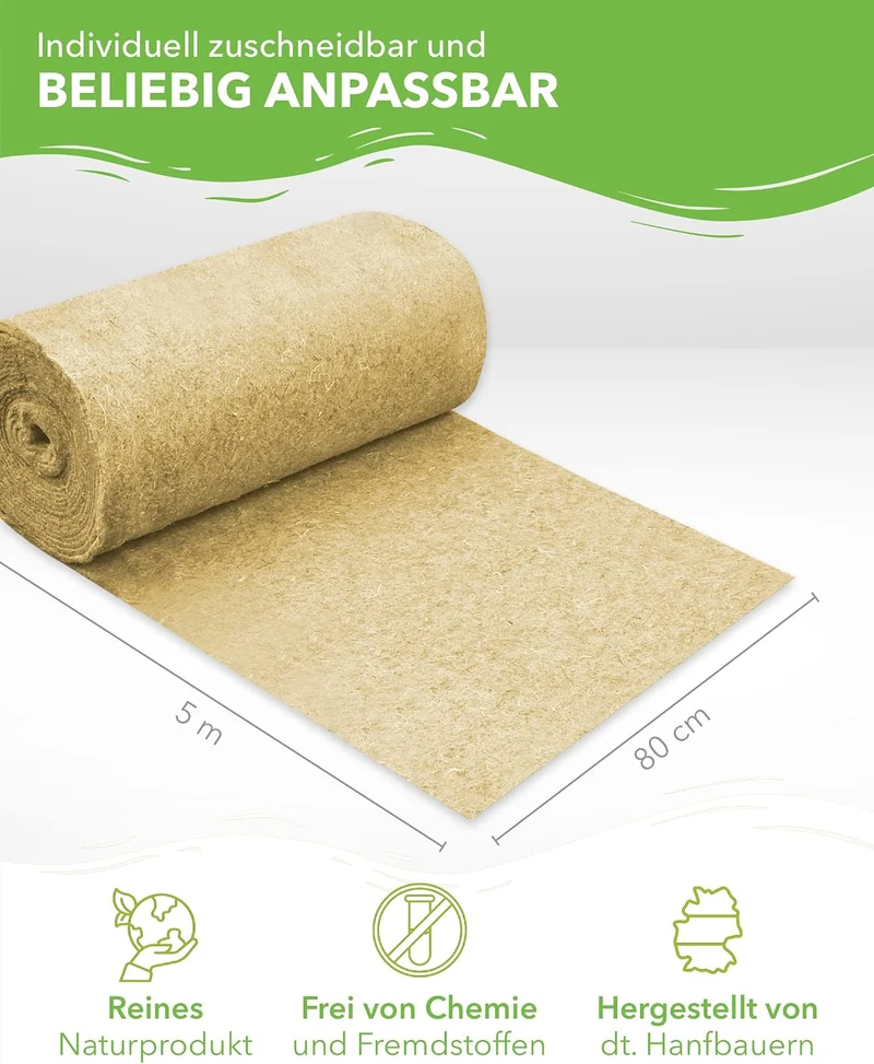 Nagerteppich aus 100% Hanf auf Rolle mit 5m Länge, 80cm Breite, 10mm dick, Hanfteppich für alle Arte