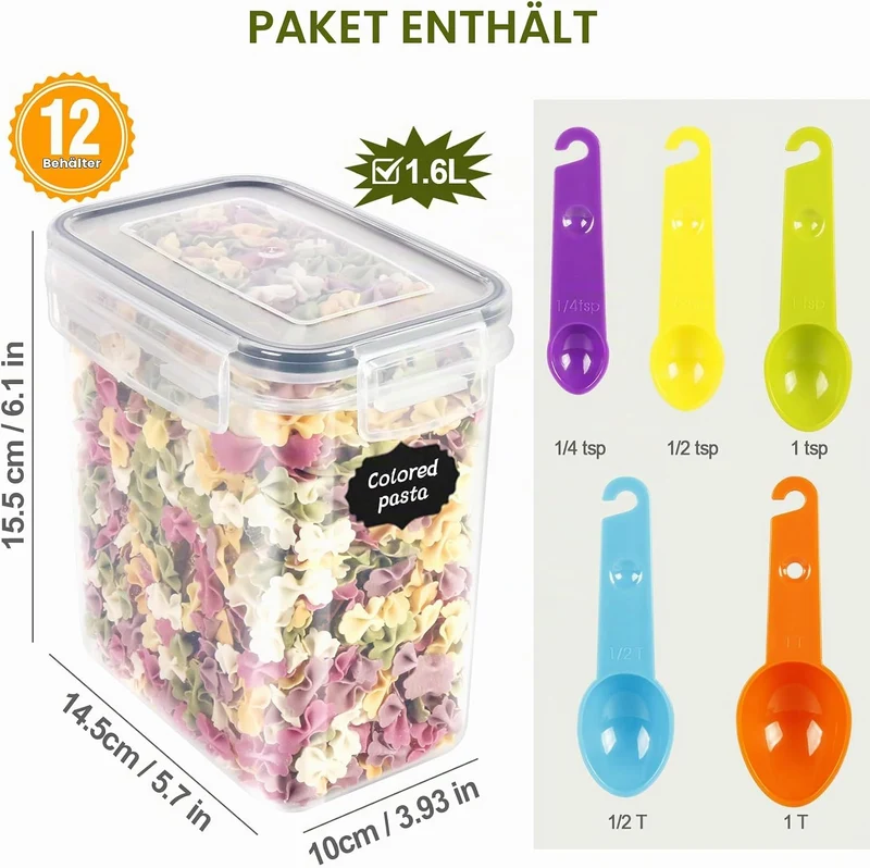 Cinnani 1.6L Vorratsdosen Set, Satz mit 12 Vorratsdosen mit Deckel Luftdicht, Müsli Schüttdose & Fri