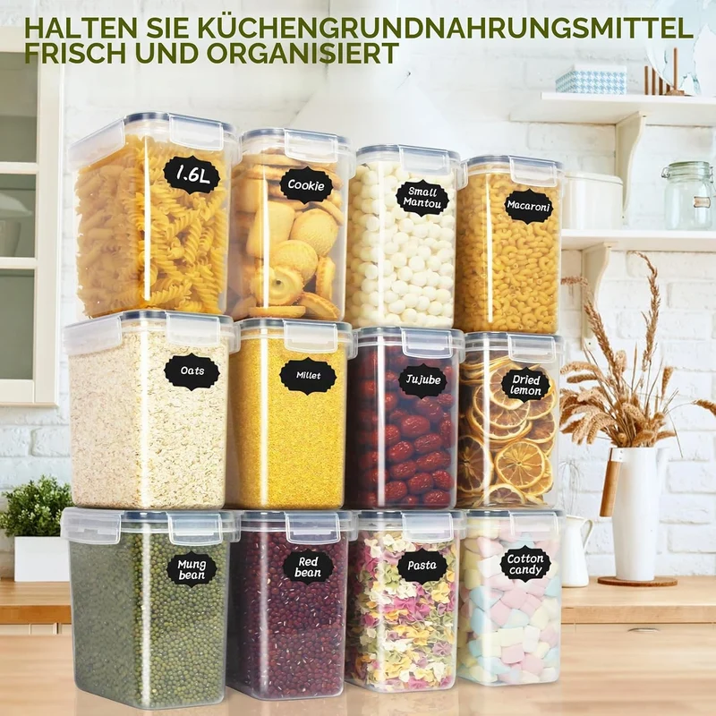 Cinnani 1.6L Vorratsdosen Set, Satz mit 12 Vorratsdosen mit Deckel Luftdicht, Müsli Schüttdose & Fri