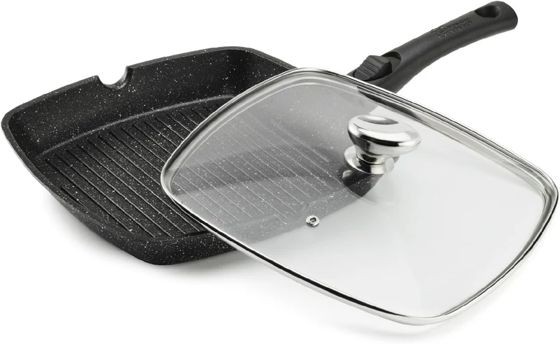 Pradel Excellence, PCUI001022, Grillpfanne aus Aluminiumguss 28x28cm, Deckel aus Glas, Antihaftbesch