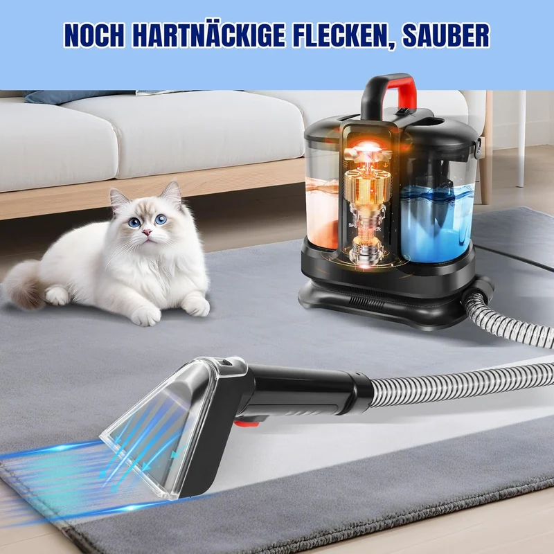 Teppich Couch Tiefenreiniger mit 2 Reinigungsbürsten für Teppich Sofa Treppen Auto, 450 W Tragbarer