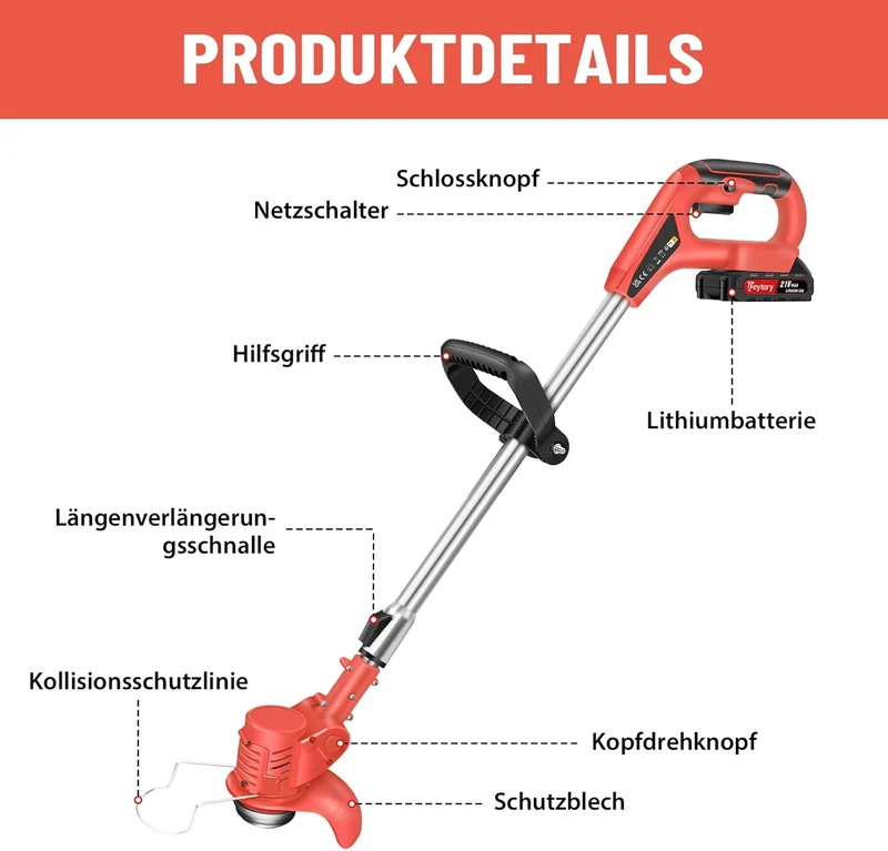 Akku Rasentrimmer mit Akku 21V Freischneider mit 2 Batterien, Akku Motorsense & Rasentrimmer Rasen m