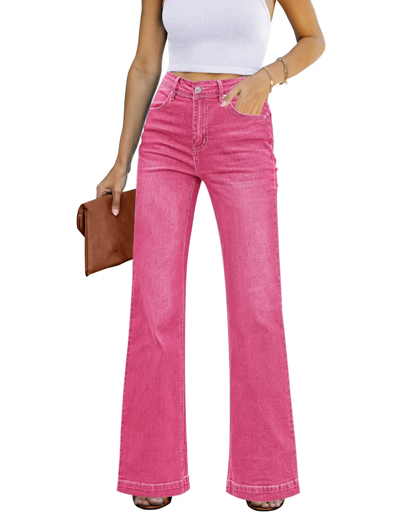 Schlaghose Damen High Waist Wide Leg Baggy Jeans Stretch Hosen M Heisses Rosa, M Heißes Rosa