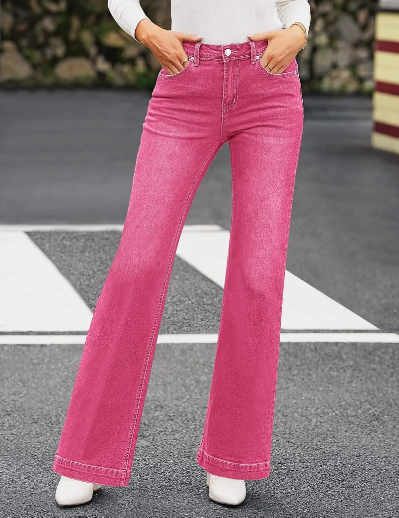 Schlaghose Damen High Waist Wide Leg Baggy Jeans Stretch Hosen M Heisses Rosa, M Heißes Rosa