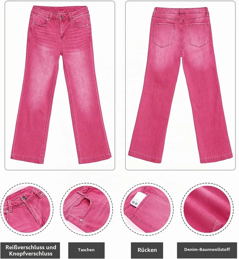 Schlaghose Damen High Waist Wide Leg Baggy Jeans Stretch Hosen M Heisses Rosa, M Heißes Rosa