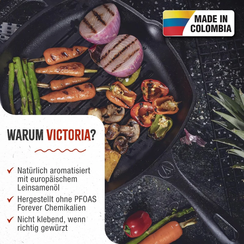 VICTORIA Grillpfanne Eingebrannte Gusseisen Induction 25x25cm Bratpfanne Geeignet für Feuer, Grill,