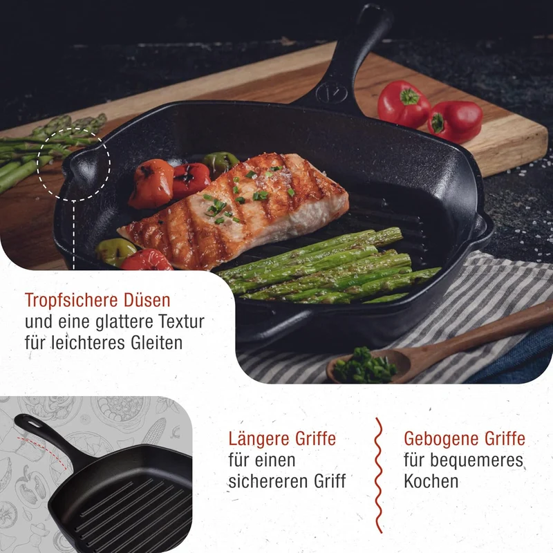 VICTORIA Grillpfanne Eingebrannte Gusseisen Induction 25x25cm Bratpfanne Geeignet für Feuer, Grill,