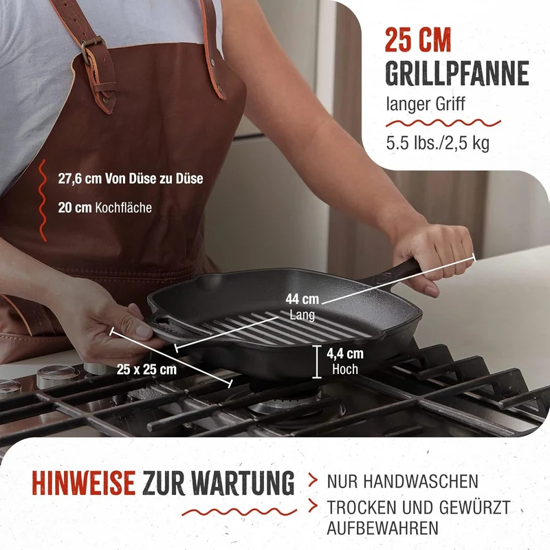 VICTORIA Grillpfanne Eingebrannte Gusseisen Induction 25x25cm Bratpfanne Geeignet für Feuer, Grill,