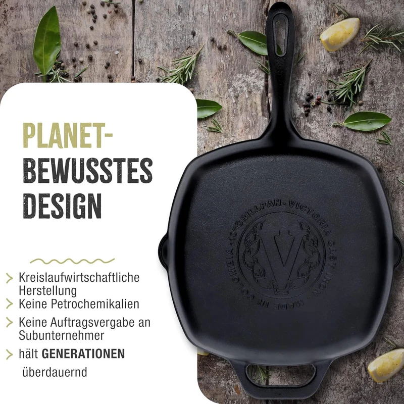 VICTORIA Grillpfanne Eingebrannte Gusseisen Induction 25x25cm Bratpfanne Geeignet für Feuer, Grill,