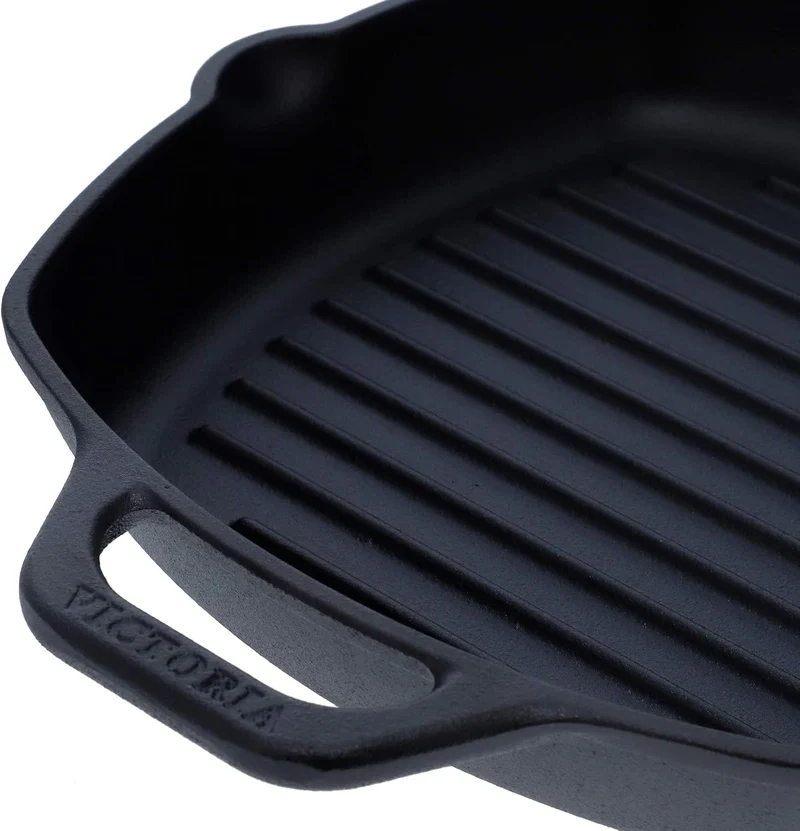 VICTORIA Grillpfanne Eingebrannte Gusseisen Induction 25x25cm Bratpfanne Geeignet für Feuer, Grill,