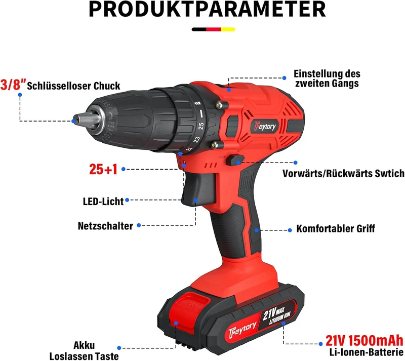 Akkuschrauber 21V Akku Bohrmaschine mit 25+1 Drehmomentstufen, 45Nm Akku-Bohrschrauber Rot, 2x1500mA