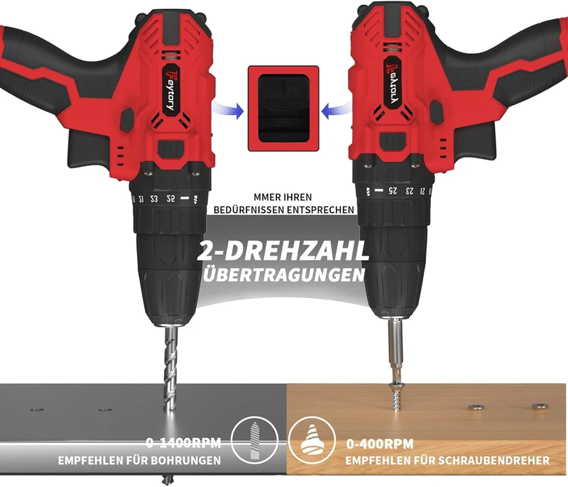 Akkuschrauber 21V Akku Bohrmaschine mit 25+1 Drehmomentstufen, 45Nm Akku-Bohrschrauber Rot, 2x1500mA