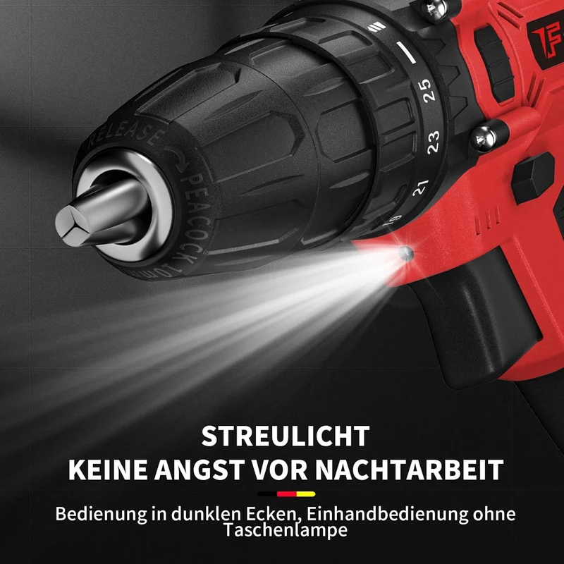 Akkuschrauber 21V Akku Bohrmaschine mit 25+1 Drehmomentstufen, 45Nm Akku-Bohrschrauber Rot, 2x1500mA