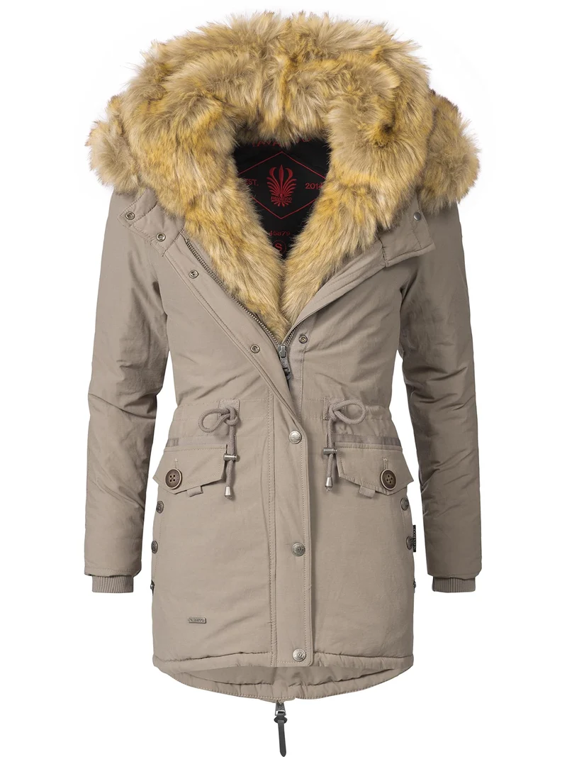 Navahoo Damen Warmer Winterparka mit Kapuze Sweety XS-XXL XS Taupe mit Braunem Fell, XS Taupe mit Br