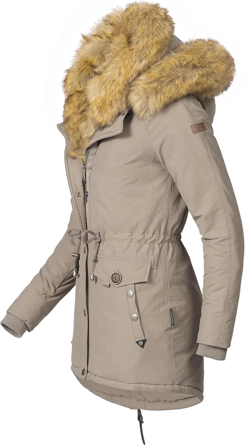 Navahoo Damen Warmer Winterparka mit Kapuze Sweety XS-XXL XS Taupe mit Braunem Fell, XS Taupe mit Br