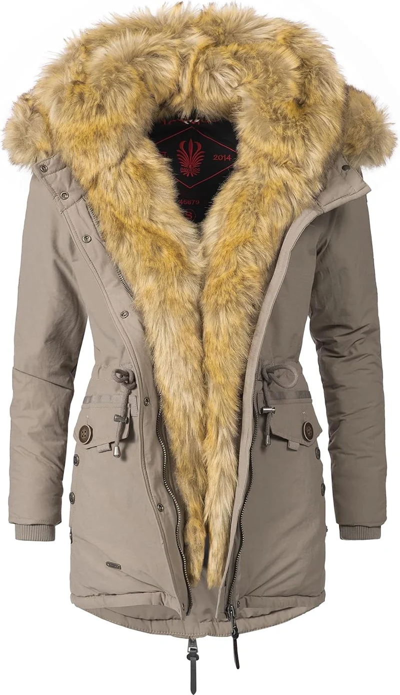 Navahoo Damen Warmer Winterparka mit Kapuze Sweety XS-XXL XS Taupe mit Braunem Fell, XS Taupe mit Br