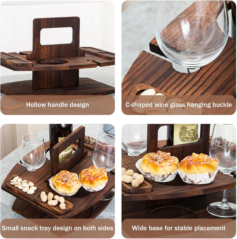 Tragbarer Picknicktisch, Picknicktisch aus Holz, abnehmbarer Weintisch mit 2 Glashaltern und Snackta