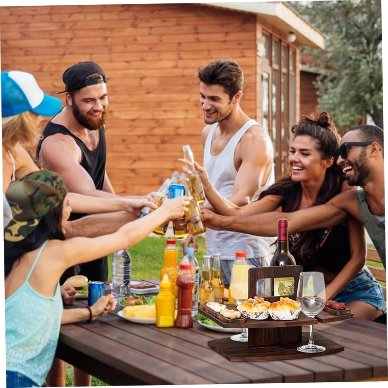 Tragbarer Picknicktisch, Picknicktisch aus Holz, abnehmbarer Weintisch mit 2 Glashaltern und Snackta