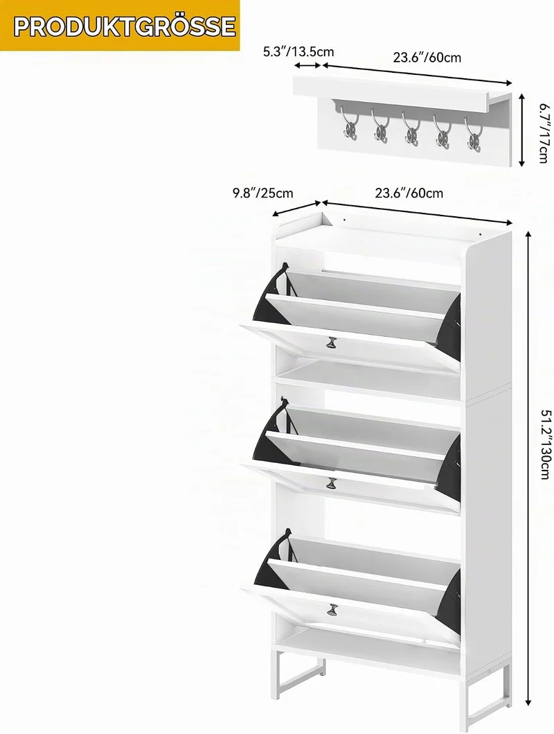 DWVO Schuhschrank Schmal mit 3 Klappen, 25x60x130cm, Schuhkipper Weiss, Schuhkommode Schuhregal mit