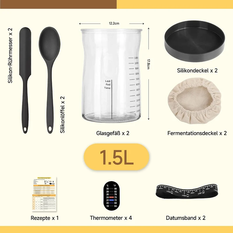 Pro Sauerteig Starter Set – 1,5L Grosses Sauerteig Glas mit 17 Rezepten – Sauerteigstarter Zubehör f