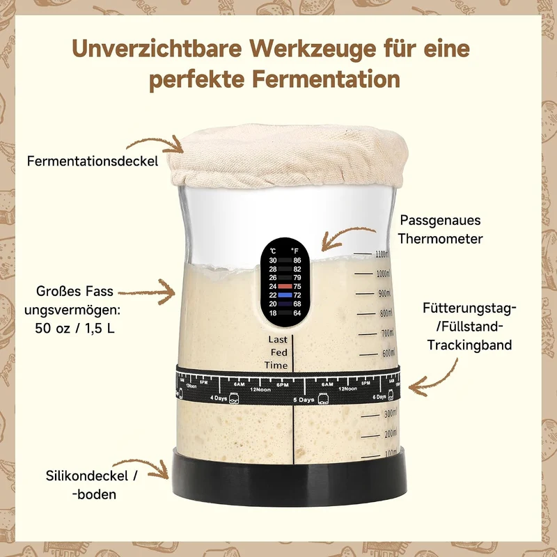 Pro Sauerteig Starter Set – 1,5L Grosses Sauerteig Glas mit 17 Rezepten – Sauerteigstarter Zubehör f