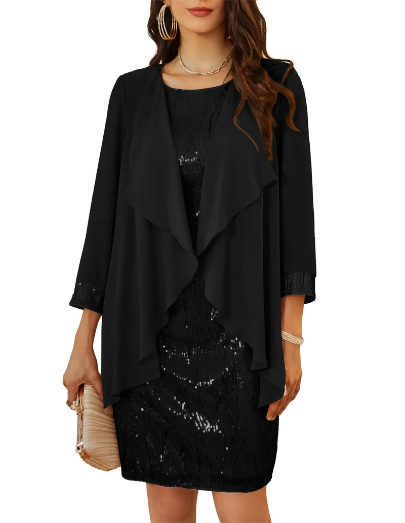 GRACE KARIN Damen Ärmelloses Rundhals Pailletten Cami Kleid Elegant Zweiteiler Tüll Cardigan Abendkl