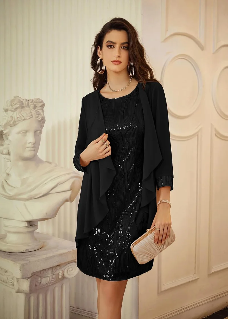 GRACE KARIN Damen Ärmelloses Rundhals Pailletten Cami Kleid Elegant Zweiteiler Tüll Cardigan Abendkl