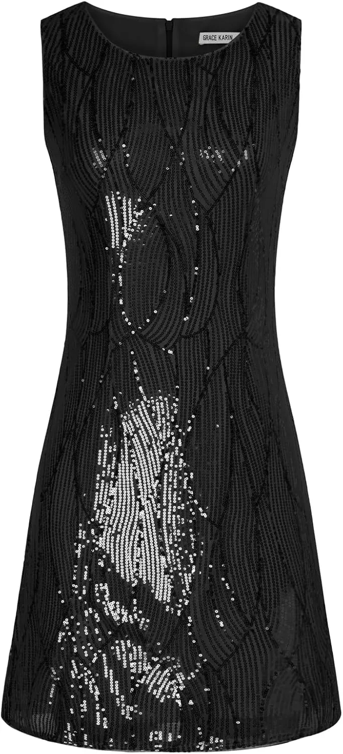 GRACE KARIN Damen Ärmelloses Rundhals Pailletten Cami Kleid Elegant Zweiteiler Tüll Cardigan Abendkl