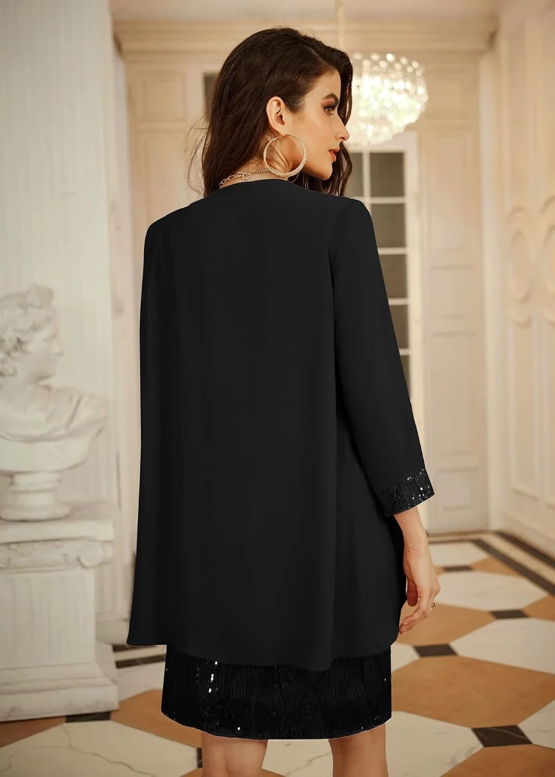 GRACE KARIN Damen Ärmelloses Rundhals Pailletten Cami Kleid Elegant Zweiteiler Tüll Cardigan Abendkl