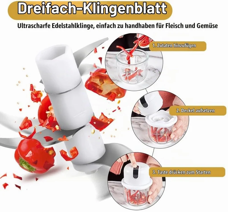 Zwiebel Zerkleinerer Elektrisch Mini, 350ml Zwiebelschneider Elektrisch USB Aufladung Kabelloser Kle