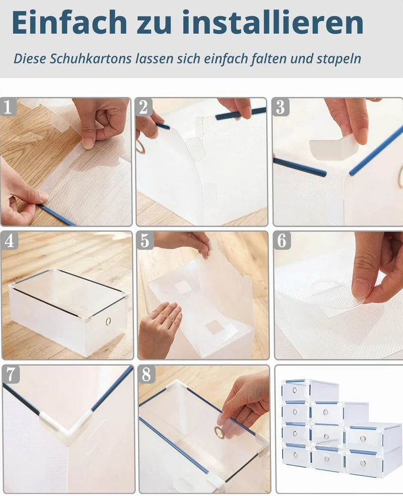 10 Stück Schuhboxen - Stapelbare Schuh Organizer aus Transparentem Kunststoff mit Schubladen - DIY S