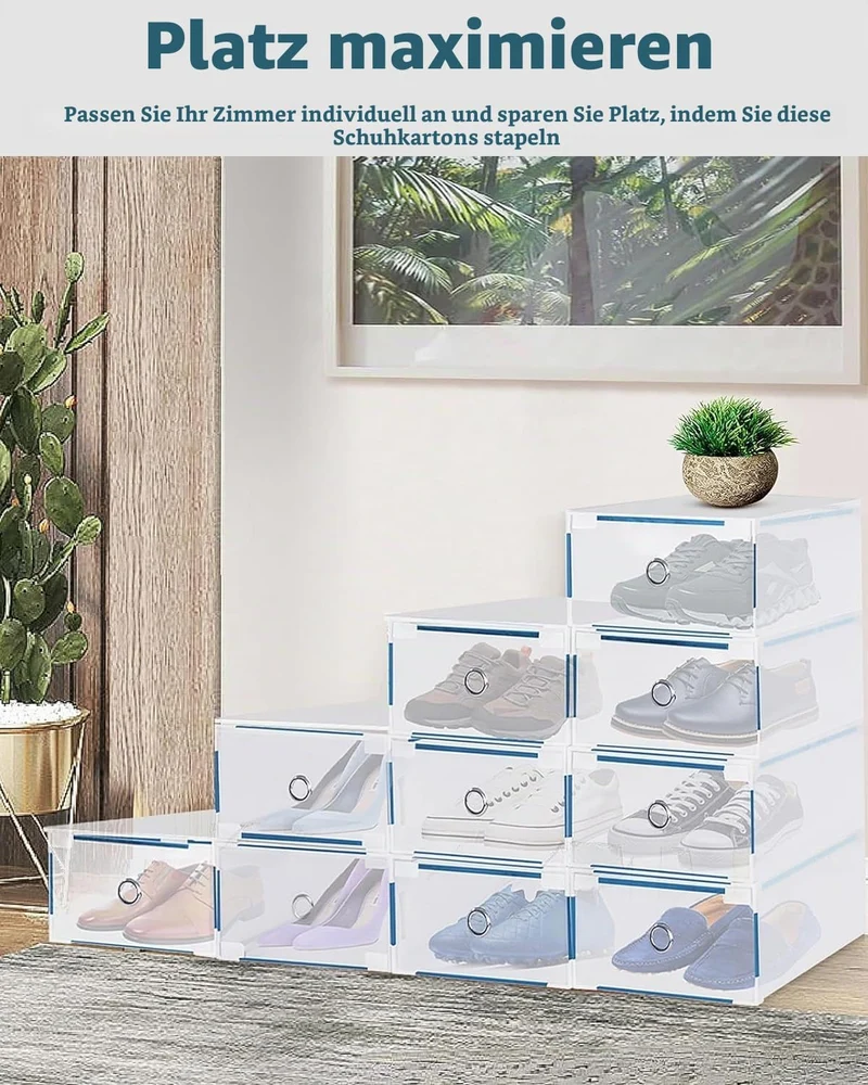 10 Stück Schuhboxen - Stapelbare Schuh Organizer aus Transparentem Kunststoff mit Schubladen - DIY S