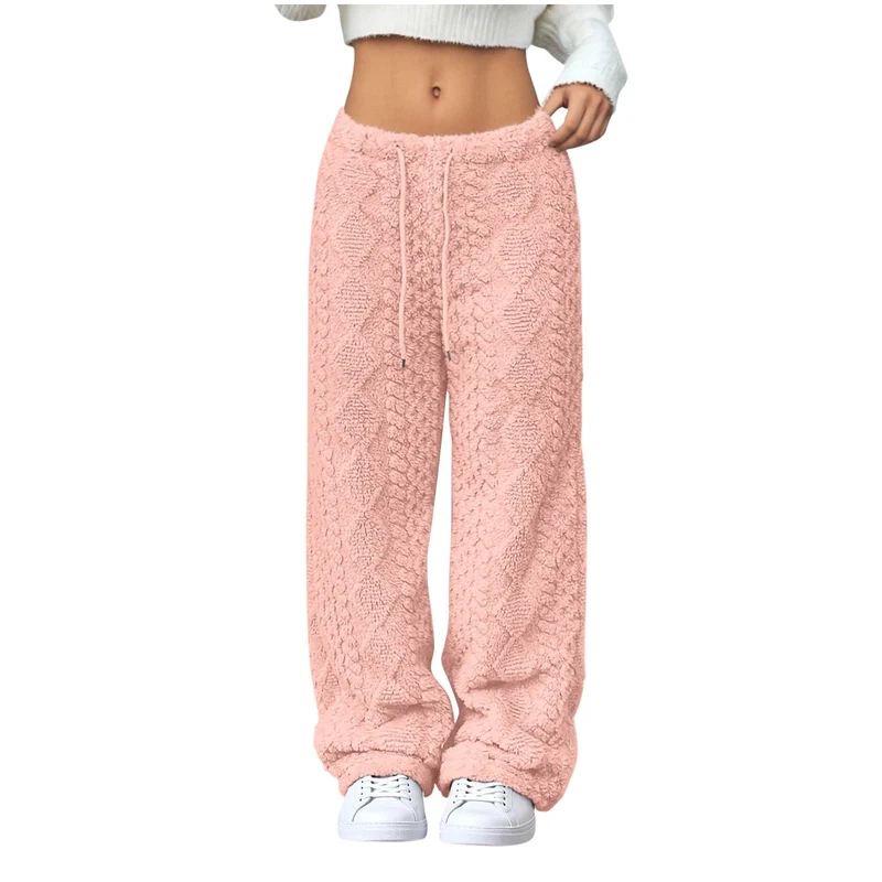 Generisch Strickhose Damen Flauschig Baggy Teddy Fleece Hosen Warm Plüsch Fleecehose Winter Lang Pyj